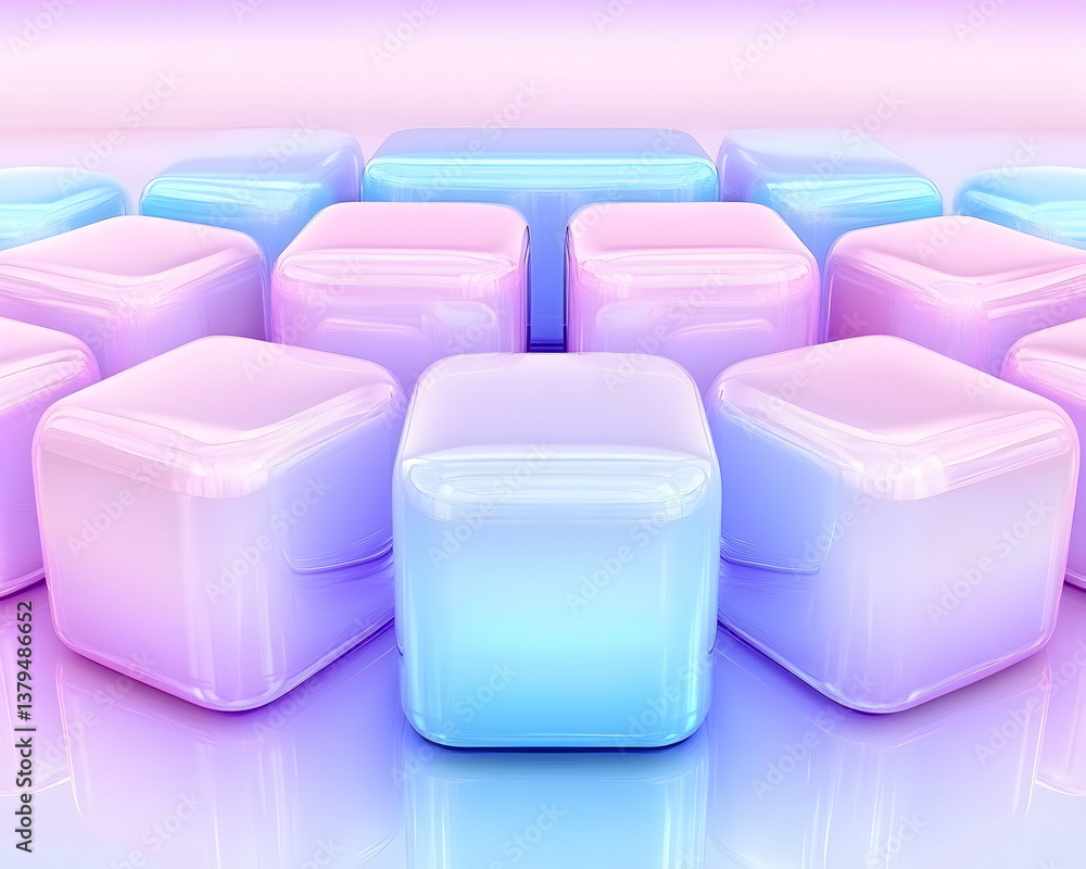 Poster pastel pink and blue glossy cubes arranged in a circular pattern on a reflective surface