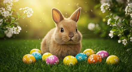  harmonious scattering of eggs painted with watercolor designs, resting among dewy grass and small white blossoms. Sunlight cascades gently through leafy branches above, adding depth and natural warm
