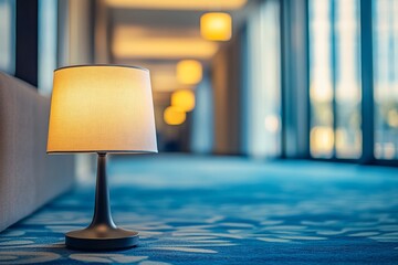Illuminated table lamp on blue carpet in modern hallway.