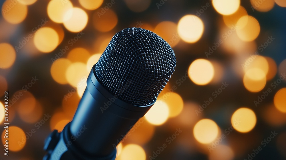 Poster close-up of a microphone against a bokeh background of warm lights.