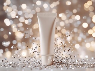 Elegant beige cosmetic tube on glitter, bokeh background.