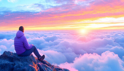 Obraz premium Person sits atop a mountain, overlooking a breathtaking sunrise above a sea of clouds