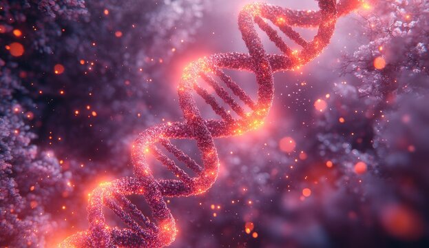 Glowing Pink And Red Dna Double Helix With Particles