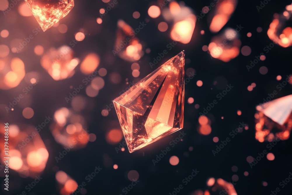 Poster sparkling, glowing, reddish-orange gems in motion against a dark background. many facets and intrica