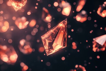 Sparkling, glowing, reddish-orange gems in motion against a dark background.  Many facets and intricate shapes are visible.  Bokeh effect adds depth and movement