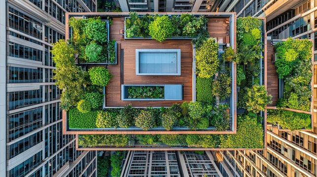 Urban rooftop garden oasis, square pool, lush greenery, high-rise buildings - Powered by Adobe