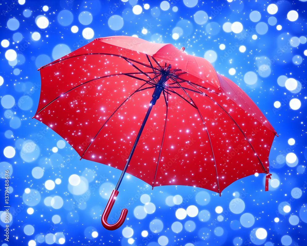 Poster red umbrella with sparkles against a bokeh background