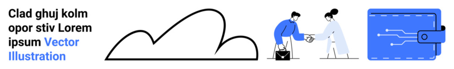 Large cloud outline, two people exchanging items, blue wallet with circuit details. Ideal for technology, data security, fintech, cloud storage, teamwork, digital payments simple landing page