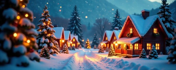 Festive Christmas village scene, houses, snow, trees