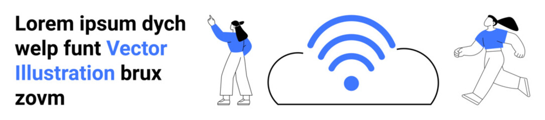 Central cloud with a wireless signal, two users in action. Ideal for networking, technology, communication, internet, apps, connectivity, simple landing page