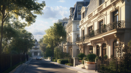 Fototapeta premium Sunlit street with elegant townhouses, lush greenery, and a classic architectural style.