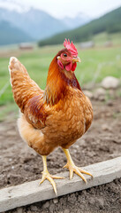 Fototapeta premium Rustic hen standing on wood, mountains background