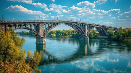 Fototapeta premium Old Bridge over River, Sunny Day, Peaceful Scene, Autumn Colors