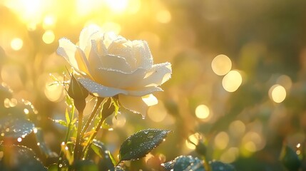 Dew-kissed white rose at golden sunrise.