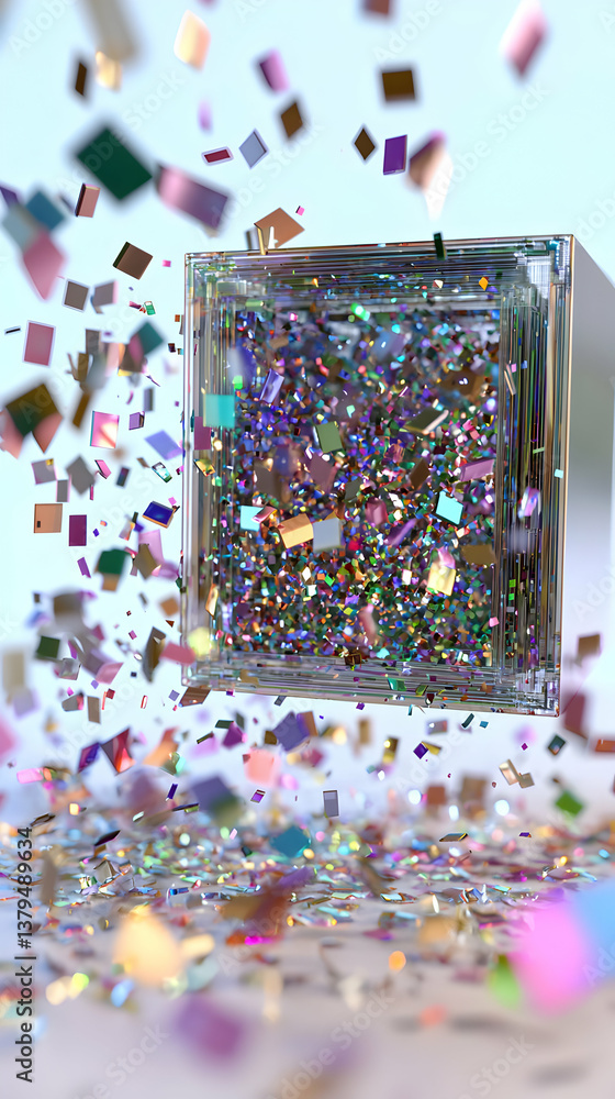 Poster colorful glitter confetti exploding around a transparent cube