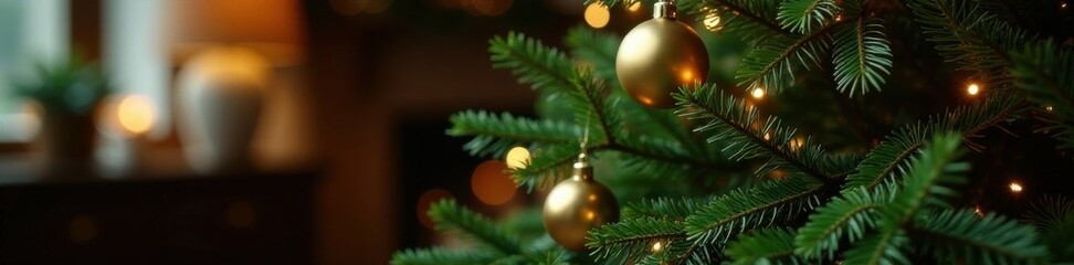 Obraz premium Evergreen tree branches with golden ornaments and lights in a cozy room, evergreen tree branches, holiday decor