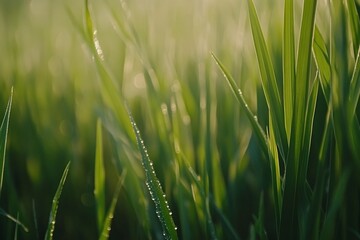 Dew-covered green grass blades illuminated by sunlight. (1)