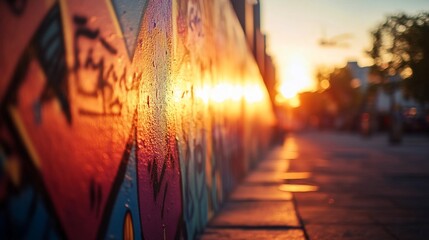 Sunset illuminating colorful graffiti on urban wall.