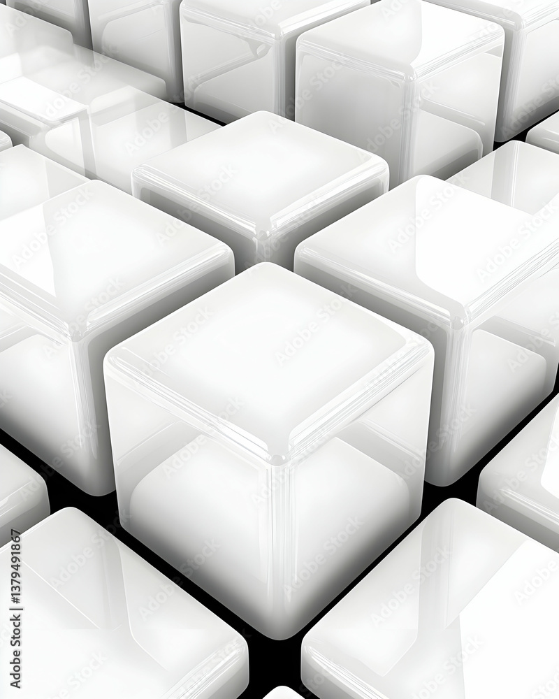 Poster shiny white cubes arranged in a grid pattern, reflecting light