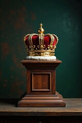 Elegant golden crown atop ornate wooden pedestal sits quietly on a dusty shelf, golden crown, old, golden