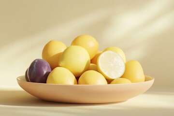 Lemons and plum in a pastel bowl, sunlit.