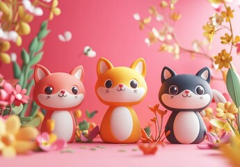 Naklejka premium Three adorable cartoon cats in a spring garden.