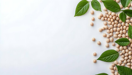 Soybeans and leaves on white background
