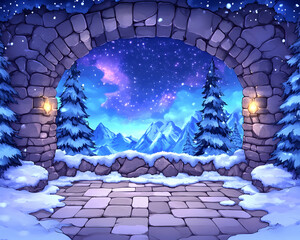 Stone archway framing snowy mountain winter scene under starry night sky