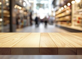 Wood Table Top with Supermarket Aisle Background for Product Display