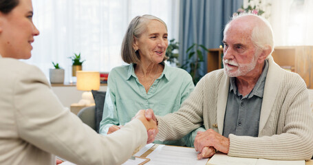 Home, old couple and consultant with handshake, retirement plan and conversation for negotiation....