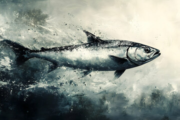 A stylized depiction of a silver fish swimming powerfully through water