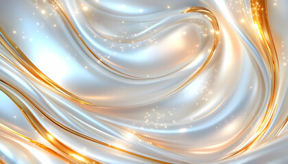 Swirling white and gold abstract background with glowing particles