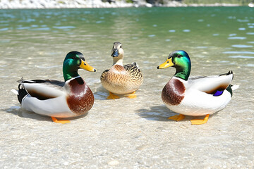 Three ducks on lakeshore