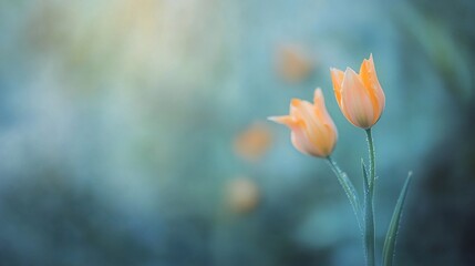 Two delicate orange tulips in a soft-focus garden setting.