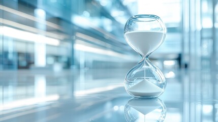 Empty hourglass in modern office lobby, reflecting time passing
