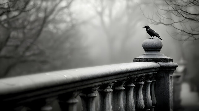 Crow Perched on Ornate Stone Balustrade in Foggy Winter Landscape