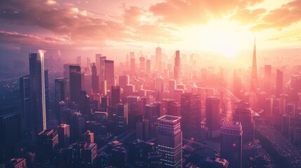 A breathtaking sunset over a bustling city skyline, highlighting skyscrapers and vibrant city life below