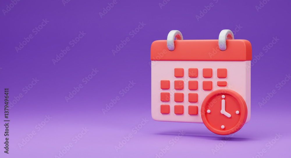 Poster a cheerful coral calendar and clock symbolize timely scheduling and planning against a calming laven
