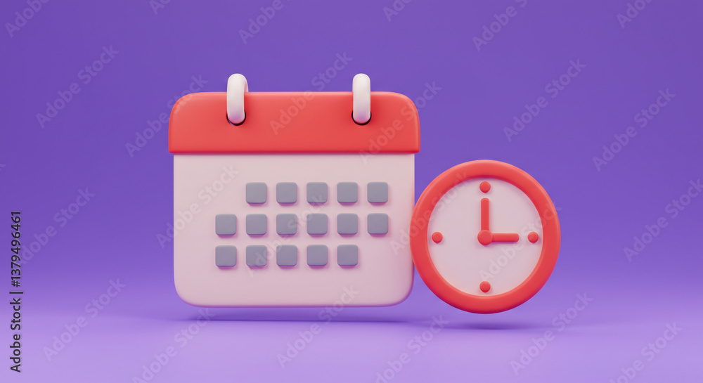 Poster a cheerful calendar and clock symbolize timely scheduling and planning, rendered in a charming 3d st