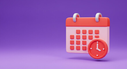 A cheerful coral calendar and clock symbolize timely scheduling and planning against a calming lavender backdrop.