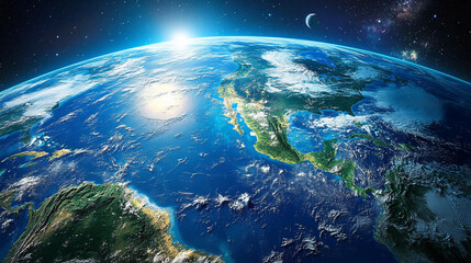 Obraz premium Sunrise over Earth, showing North and Central America, with the moon visible in space.