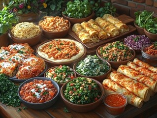 Fototapeta premium Plentiful bowls of foods fill the frame, including salads and savory dishes