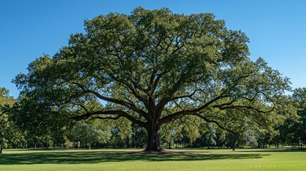 Fototapeta premium Majestic oak tree in park under a clear blue sky