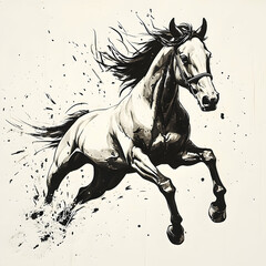 A monochrome illustration depicting a horse running with dynamic movement