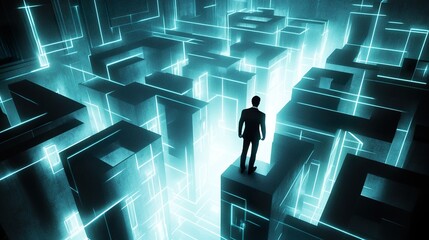 Contemplative businessman silhouetted amidst a glowing futuristic maze structure