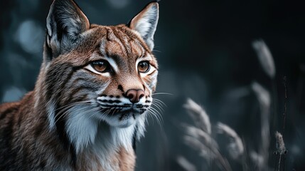 Fototapeta premium Lynx Portrait Looking Right in Dark Outdoor Setting for Wildlife
