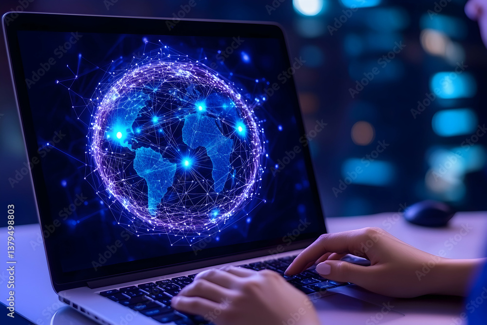 Poster woman using laptop displaying global network connection