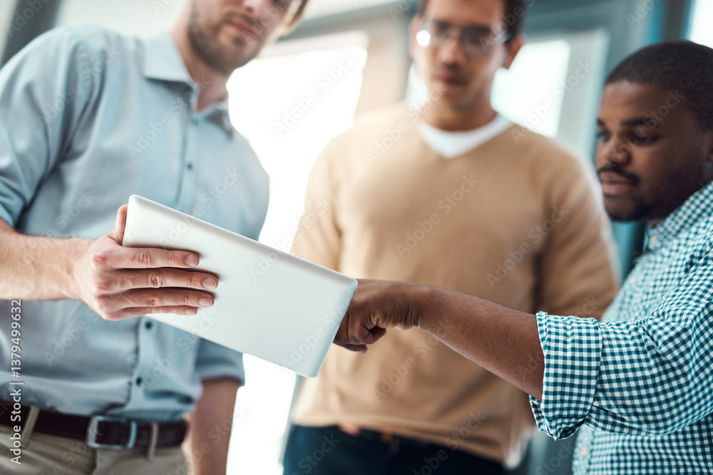 Poster Tablet, business men and web design planning for app developer project with creative ideas in office. Brainstorming, tech and teamwork of employee with collaboration for homepage layout with talk