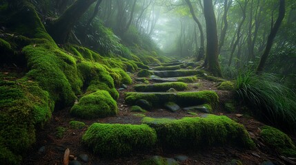 Mossy stone steps ascending a misty forest path.