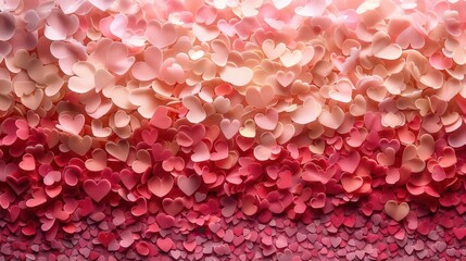 A vibrant arrangement of heart-shaped decorations in various shades of pink and red.